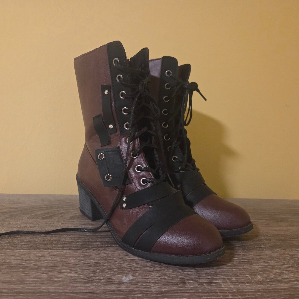 Burgundy Lace-Up Mid Calf Combat Boots